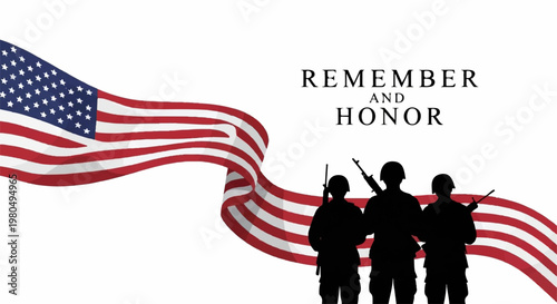 Three armed soldiers in silhouette against a flowing American flag banner