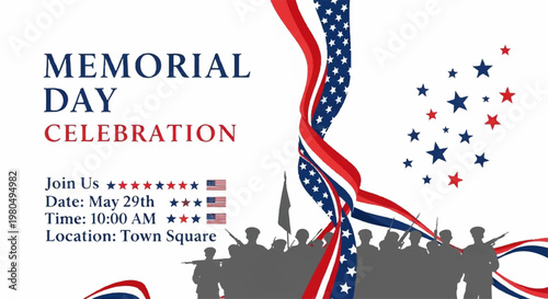 Memorial day celebration invitation with flag banner and star graphics