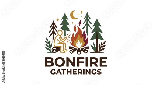 Bonfire Gatherings Logo with Person Trees and Moon