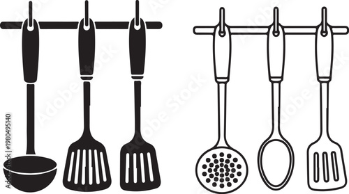 Collection of kitchen utensils hanging on hooks on transparent grid, silhouette style.