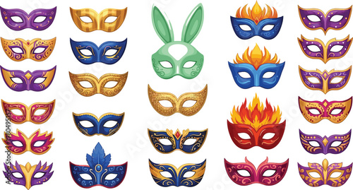 Set of Masquerade Mask Vector Illustrations with Colorful Designs, Gold Accents, Animal, Fire, and Decorative Elements for Party and Festival Themes