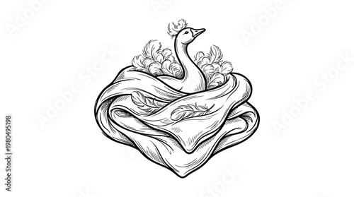 Elegant Swan Resting in a Nest of Linen and Feathers