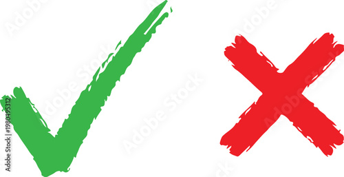 Green check mark, red cross mark icon set. Isolated tick symbols, checklist signs, approval badge. Flat and modern checkmark design, vector illustration.