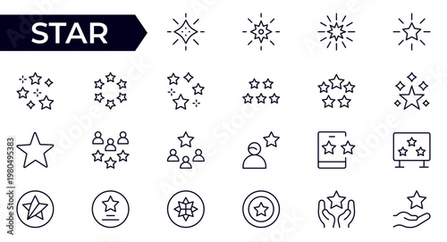Star and Rating Line Icon Set for Favorites, Reviews, Awards, Premium Quality, Achievement, Ranking and Creative Branding Outline Vector Collection