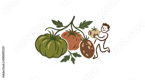 Joyful Sketch of a Person Gathering Tomatoes
