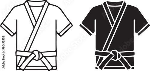 Outline and solid filled versions of a martial arts uniform with a tied belt, representing discipline, training, and combat sports attire.