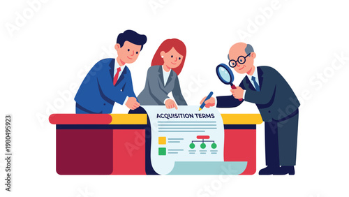 Corporate acquisition terms review: Business team and legal expert examine contract details