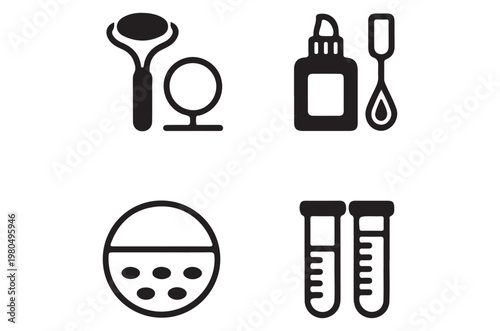 Black silhouette icons depicting various cosmetic and laboratory tools