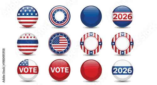 American election voting buttons set, 12 patriotic 2026 campaign badges with stars and stripes, glossy red white and blue political pins vector
