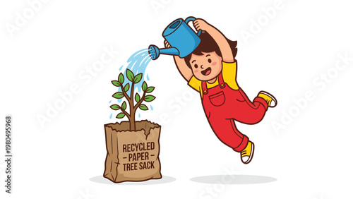 Happy child watering a tree in a recycled paper sack, promoting eco-friendly planting and sustainability