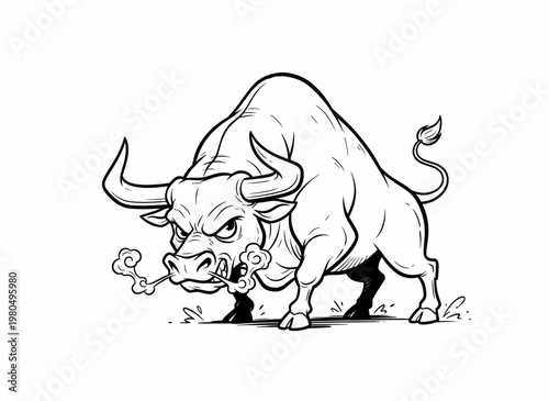 Aggressive bull illustration with steam coming from nostrils, powerful and menacing stance