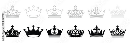 Collection of royal crowns a black and white illustration