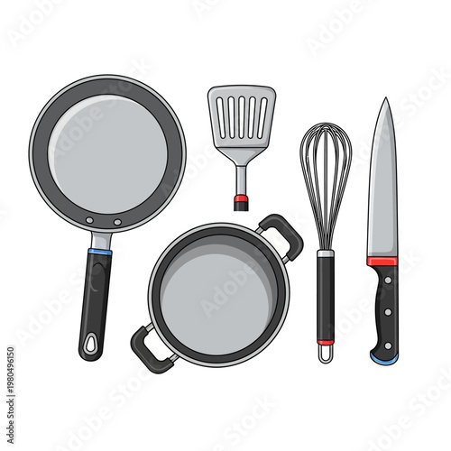 A collection of kitchen utensils and cookware on a white background