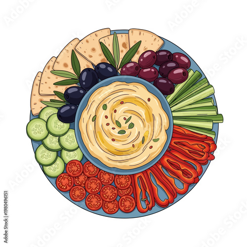 A vibrant platter of fresh vegetables and hummus