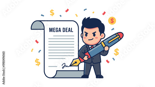 Cartoon Businessman Signing 'MEGA DEAL' Contract with Pen, Surrounded by Money and Confetti. Business Success & Agreement.