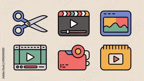 Collection of video editing icons including scissors film clapper timeline and play button flat design elements for multimedia applications
