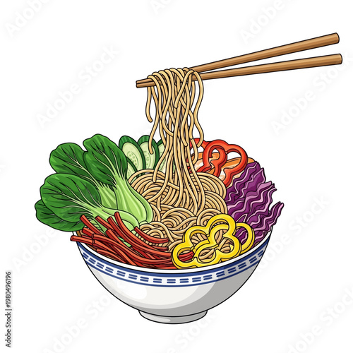 A steaming bowl of noodles with vegetables and chopsticks