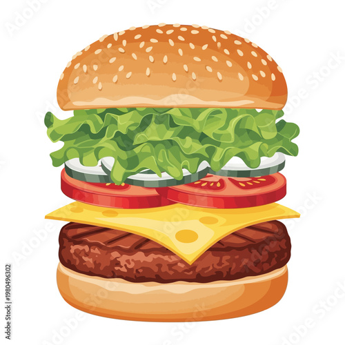 A delicious cheeseburger with lettuce and tomato on a sesame seed bun
