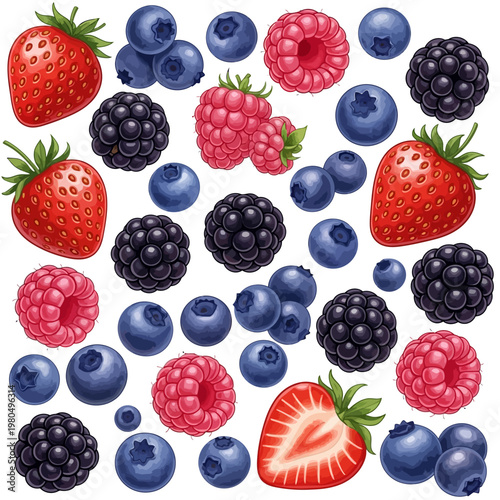 A colorful illustration of various berries on a white background