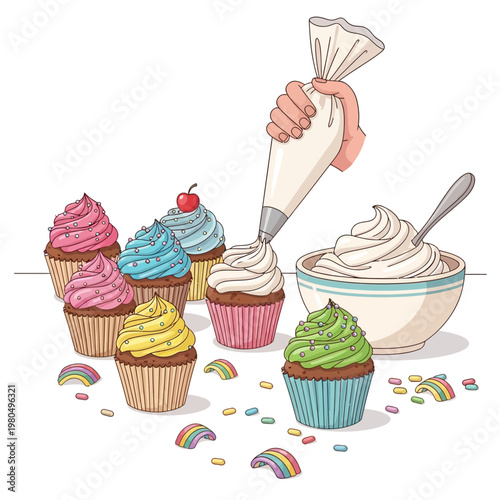 A hand decorating colorful cupcakes with frosting and sprinkles