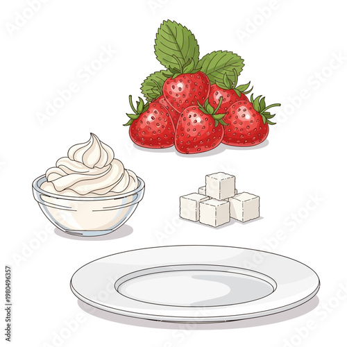 An illustration of strawberries, cream, sugar, and an empty plate