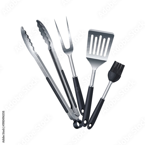 A set of stainless steel cooking utensils with black handles on a white background