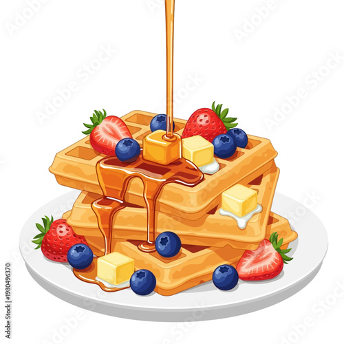 A delicious stack of waffles with fresh berries and syrup