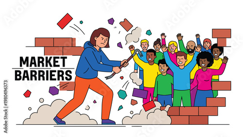 Breaking Market Barriers: Diverse team overcomes business obstacles with a crowbar, symbolizing challenge, opportunity, and triumph.