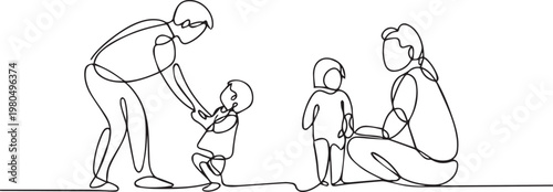 Continuous line drawing of a family with parents and two small children