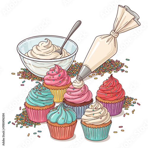 A colorful illustration of cupcakes with frosting and sprinkles