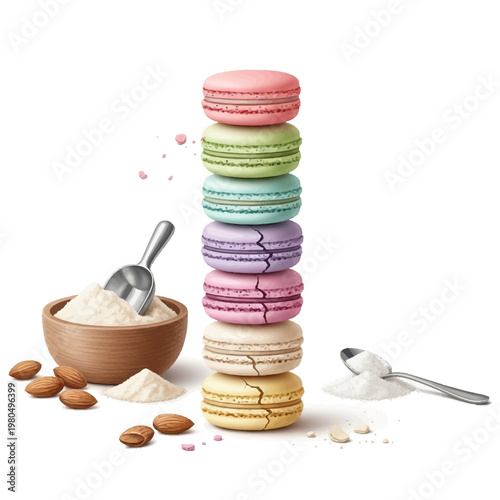 A stack of colorful macarons with a bowl of flour and almonds on a white background