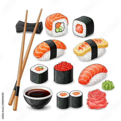 A variety of sushi and sushi-making tools on a white background