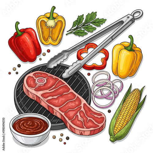A colorful illustration of a steak with vegetables on a grill