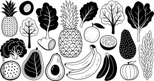 Black and white outline icons of tropical fruits and healthy vegetables for culinary and nutritional design projects