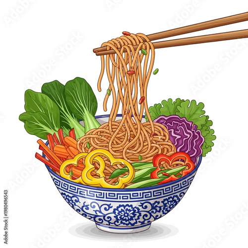 A colorful bowl of noodles with vegetables and chopsticks