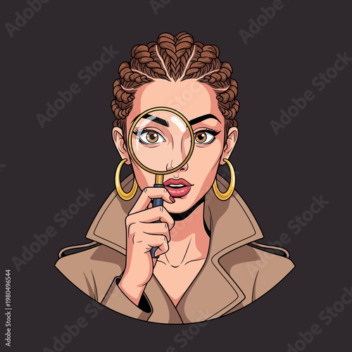 Woman Holding Magnifying Glass Closeup Portrait.