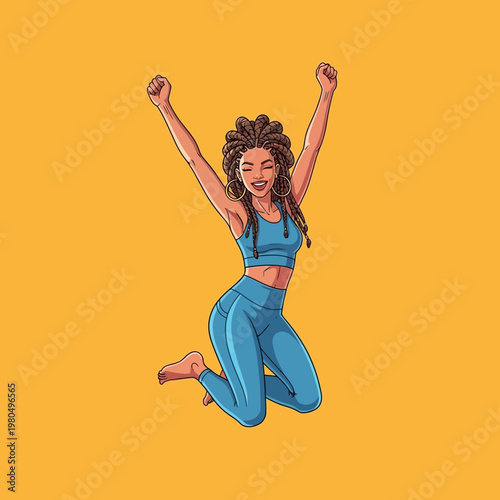 Woman in blue workout outfit jumping.