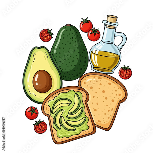 A vibrant illustration of healthy food including avocado toast and fresh tomatoes