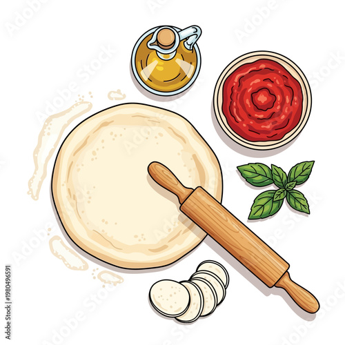 A delicious homemade pizza with ingredients and cooking tools