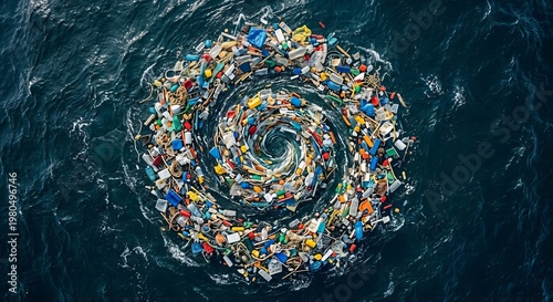 Aerial View of Plastic Waste Spiral in Deep Blue Ocean Water