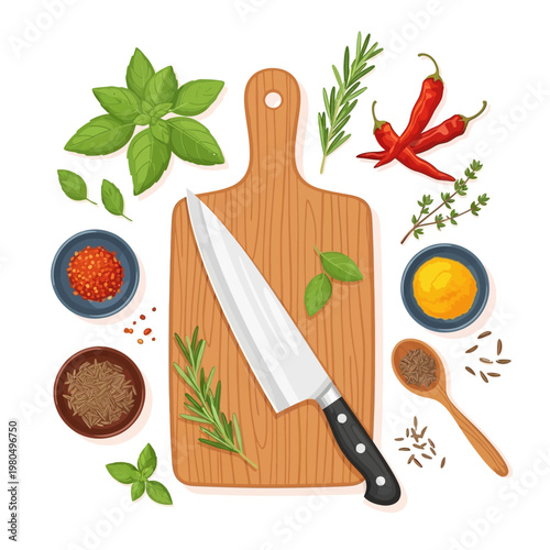A kitchen cutting board with a knife and various herbs and spices