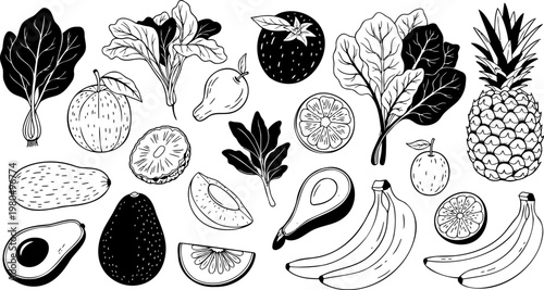 Set of hand drawn tropical fruits and vegetables in black and white ink line art style for healthy food design projects