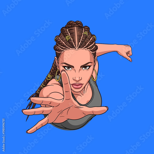 Woman with braided hair gesturing strongly.