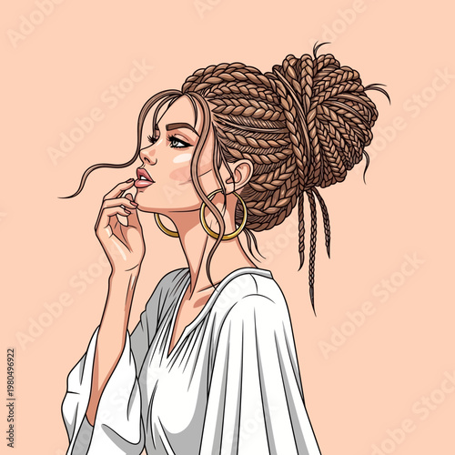 Woman with braids and gold earrings.