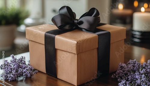Striped gift box is tied with black ribbon, with flower accents. Great for birthday, holiday, or anniversary themed design layouts.