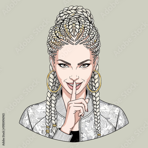 Woman with braids gesturing silently.