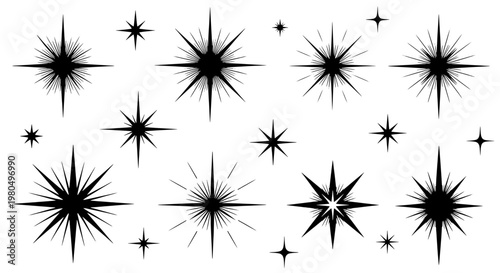 Sparkle line vector set with burst effects and star shapes in various sizes featuring small, medium, large with black and white elements for
