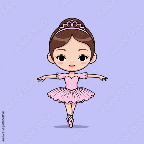 Young Cartoon Ballerina Dancing on One Foot.