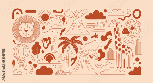Orange minimalist doodle pattern featuring cute animals and natural elements for creative children design projects