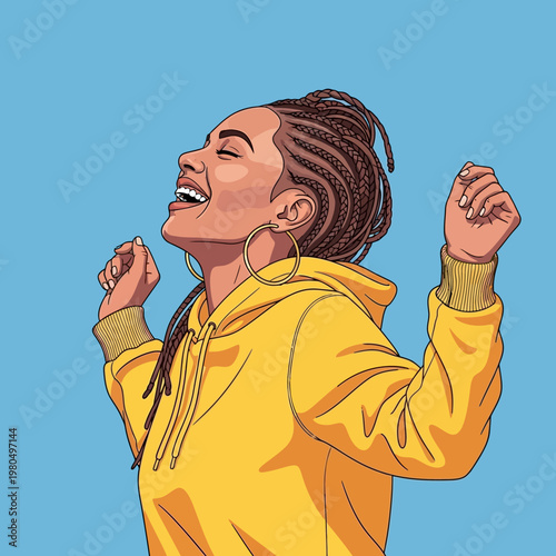 Young Woman Wearing Yellow Hoodie Celebrating.